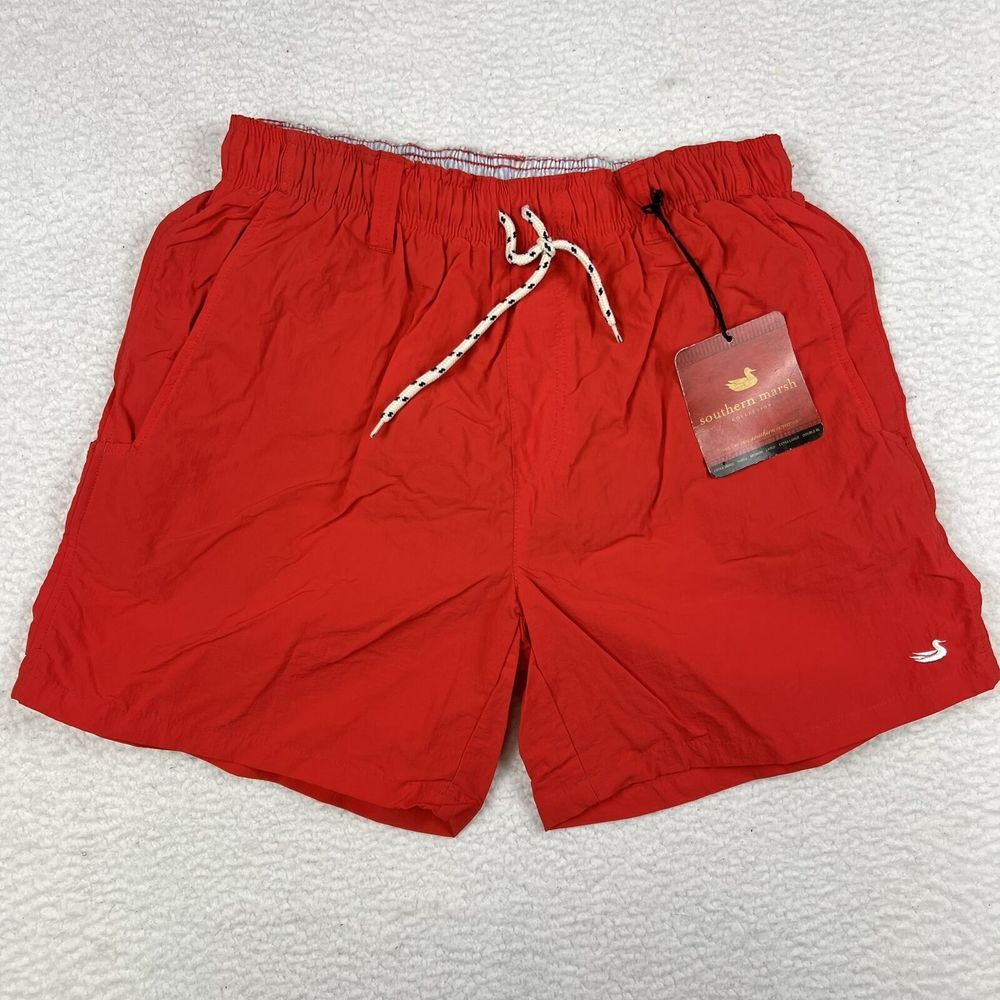 Southern Marsh Shorts Mens XS Mesh Lined Swim Trunks Drawstring Red‎ Logo